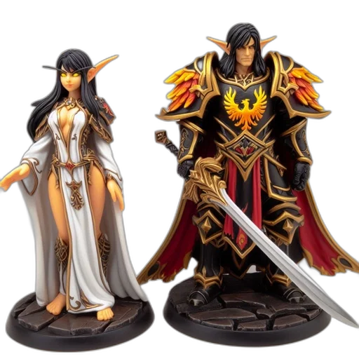 fantasy art, concept art, 3d render, two, elaborate, figurines, feature, golden-clad transparent PNG cut-out