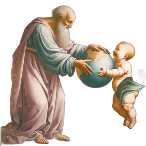 photorealistic, concept art, oil painting, elderly, man, hands, globe, floating transparent PNG cut-out
