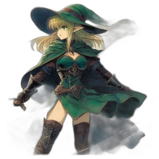 hat, dress, staff, weapon, fantasy art, concept art, pixel art, watercolor transparent PNG cut-out