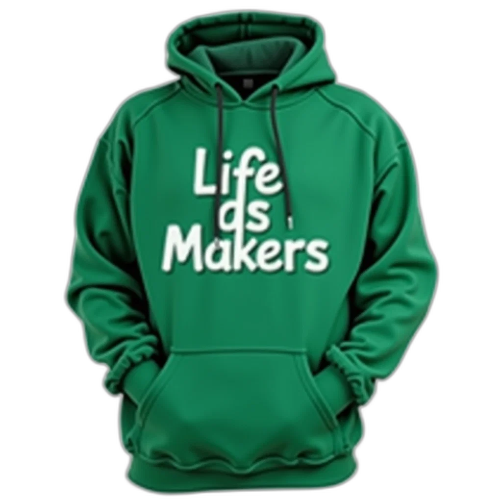 jacket, 3d render, photorealistic, green, hoodie, phrase, life, makers transparent PNG cut-out