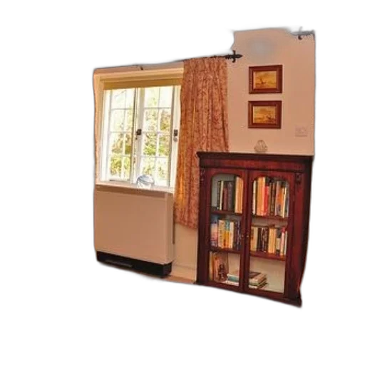 furniture, 3d render, cozy, living, room, red, rug, bookshelf transparent PNG cut-out