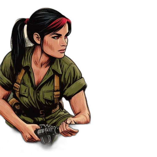 weapon, comic book art, concept art, cartoon, pixel art, woman, green, military transparent PNG cut-out