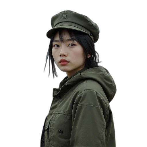 jacket, hat, staff, face, photorealistic, concept art, 3d render, cyberpunk transparent PNG cut-out