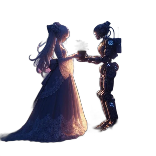 robot, dress, sword, crown, concept art, pixel art, watercolor, fantasy art transparent PNG cut-out