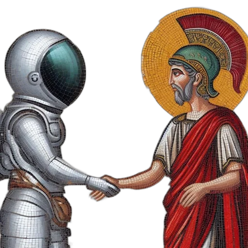 robot, sword, concept art, pixel art, outer space, two, contrasting, figures transparent PNG cut-out
