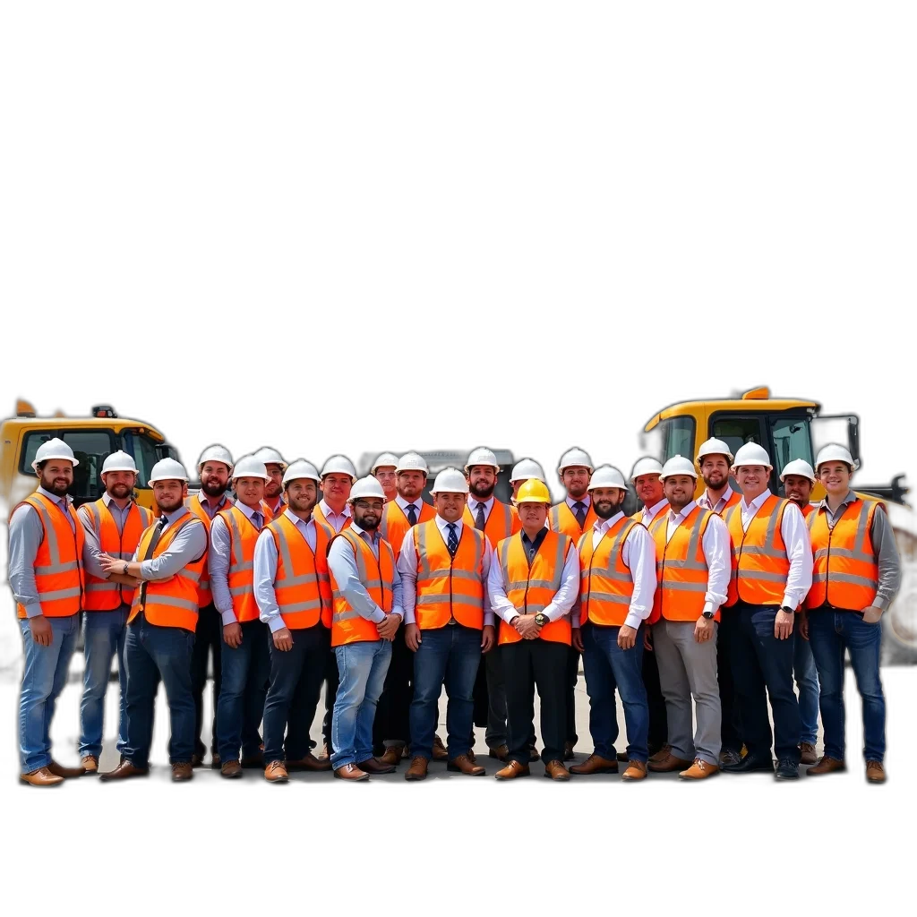 staff, group, construction, workers, wearing, orange, vests, hard transparent PNG cut-out