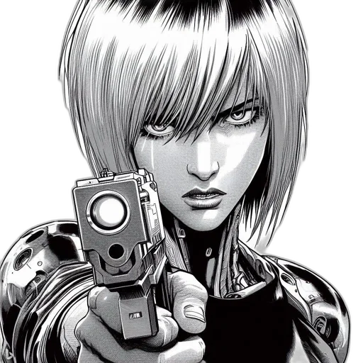 weapon, robot, comic book art, cyberpunk, cartoon, concept art, determined, woman transparent PNG cut-out