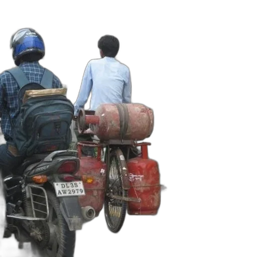 man, motorcycle, backpack, person, bike, two, large, red transparent PNG cut-out