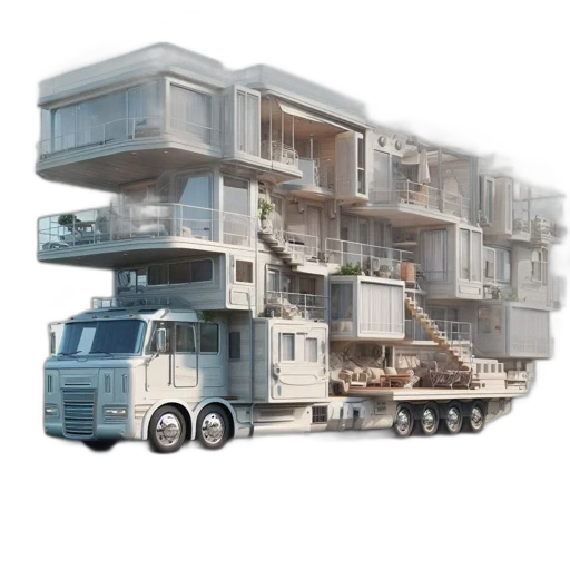 3d render, concept art, photorealistic, multi-story, building, mounted, onto, truck transparent PNG cut-out