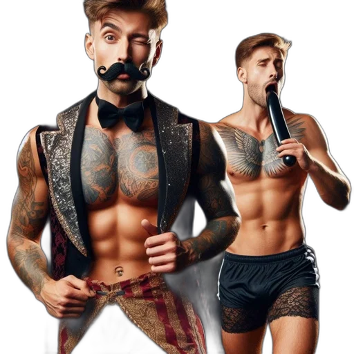 photorealistic, concept art, cyberpunk, cartoon, two, muscular, males, pose transparent PNG cut-out