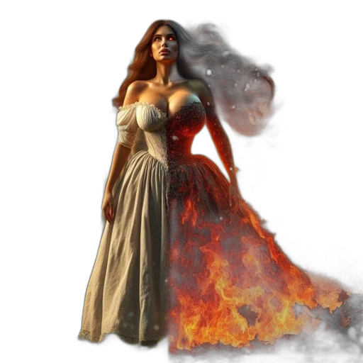 dress, fantasy art, concept art, 3d render, photorealistic, fire, woman, flaming transparent PNG cut-out