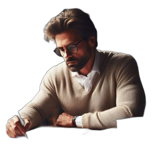 pixel art, photorealistic, oil painting, pencil sketch, man, wearing, glasses, beige transparent PNG cut-out