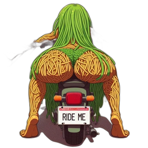 hair, concept art, comic book art, anthropomorphic, spaghetti, figure, rides, motorcycle transparent PNG cut-out