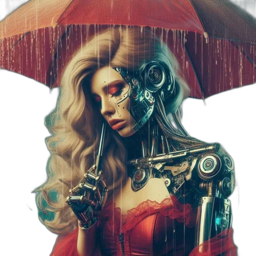 umbrella, robot, mask, face, cyberpunk, comic book art, concept art, fantasy art transparent PNG cut-out