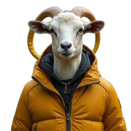 jacket, animal, face, hat, photorealistic, concept art, 3d render, goat transparent PNG cut-out