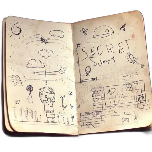 concept art, pencil sketch, comic book art, outer space, fire, open, notebook, doodles transparent PNG cut-out