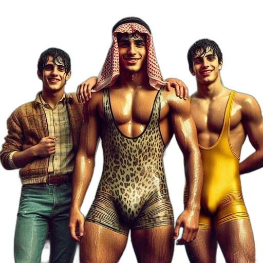 concept art, comic book art, pixel art, fantasy art, golden, three, men, front transparent PNG cut-out