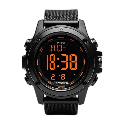 black, digital, wristwatch, mesh, band, bezel, displayed, against transparent PNG cut-out