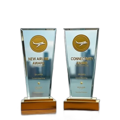 two, identical, glass, trophies, golden, base, placed, side transparent PNG cut-out