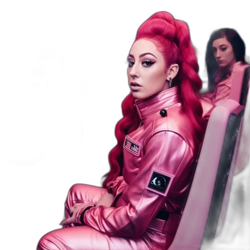jacket, concept art, outer space, inside, futuristic, pink-lit, room, woman transparent PNG cut-out