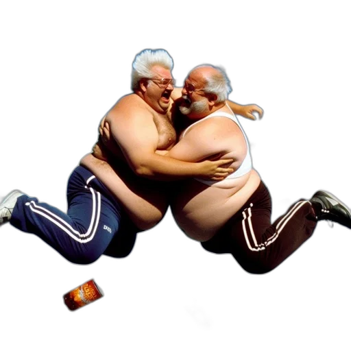 light-hearted, humorous, image, depicts, two, overweight, men, wrestling transparent PNG cut-out