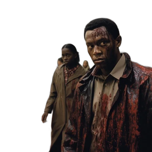 jacket, concept art, 3d render, man, smeared, blood, his, stares transparent PNG cut-out