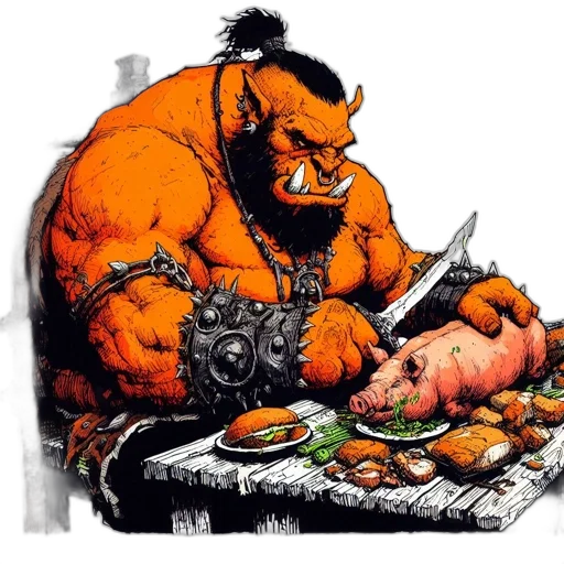 food, concept art, comic book art, orc, figure, concentrated, hungry, wields transparent PNG cut-out
