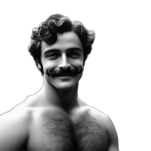 face, hair, photorealistic, man, curly, mustache, stands, shirtless transparent PNG cut-out