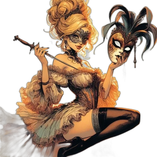 mask, dress, comic book art, concept art, fantasy art, cartoon, golden, earth tones transparent PNG cut-out