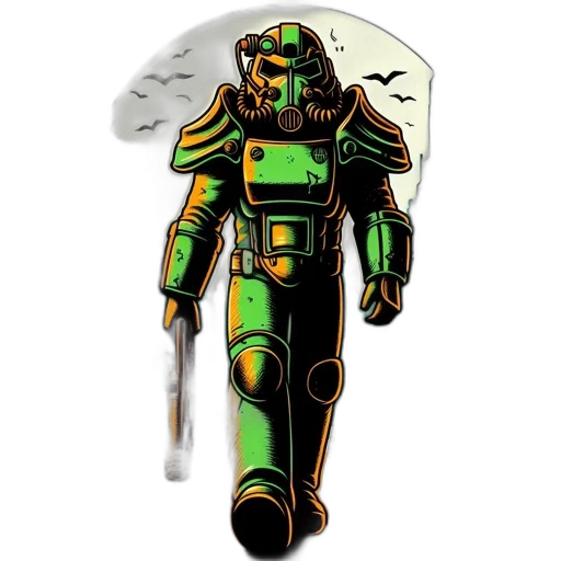 robot, concept art, comic book art, pixel art, 3d render, green, post-apocalyptic, urban transparent PNG cut-out