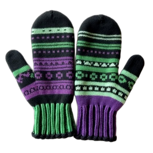 pair, colorful, knitted, gloves, mix, green, purple, black transparent PNG cut-out