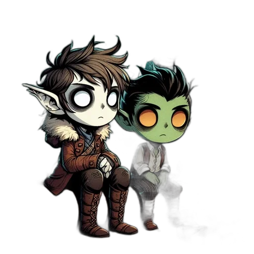 fantasy art, concept art, pixel art, comic book art, green, dark, two, characters transparent PNG cut-out