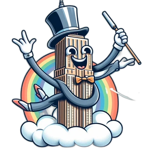 robot, cartoon, pixel art, concept art, whimsical, skyscraper, human, features transparent PNG cut-out