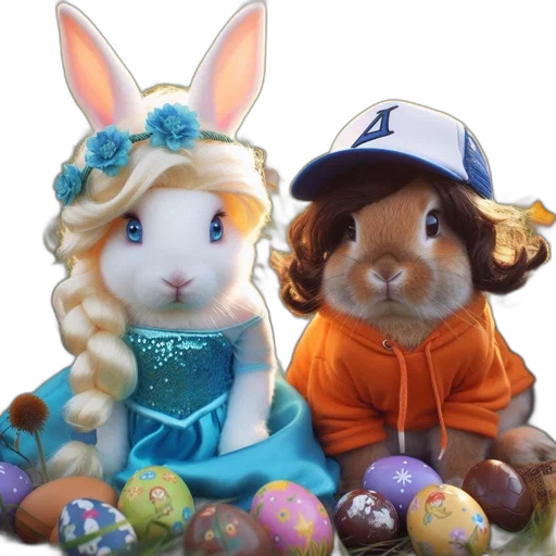 two, anthropomorphic, rabbits, one, dressed, blue, other, orange transparent PNG cut-out