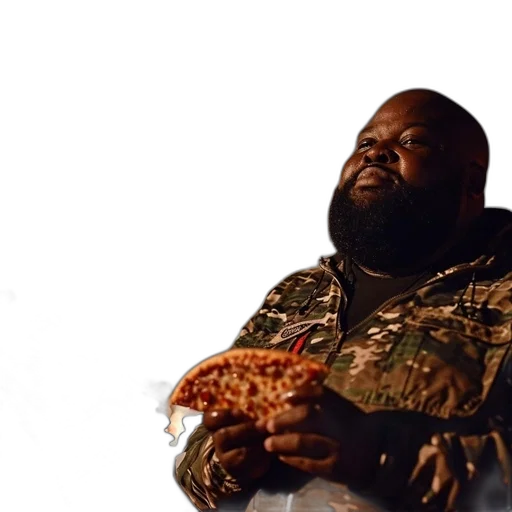 jacket, food, animal, man, camouflage, badge, holds, pizza transparent PNG cut-out