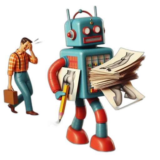 robot, 3d render, concept art, illustration, vintage-robot, red, limbs, holds transparent PNG cut-out