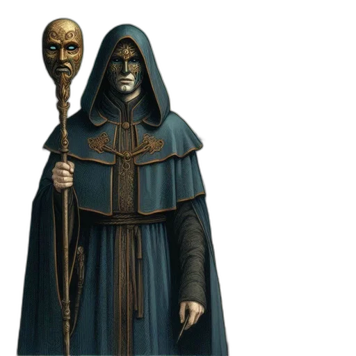 mask, staff, face, concept art, fantasy art, 3d render, hooded, figure transparent PNG cut-out