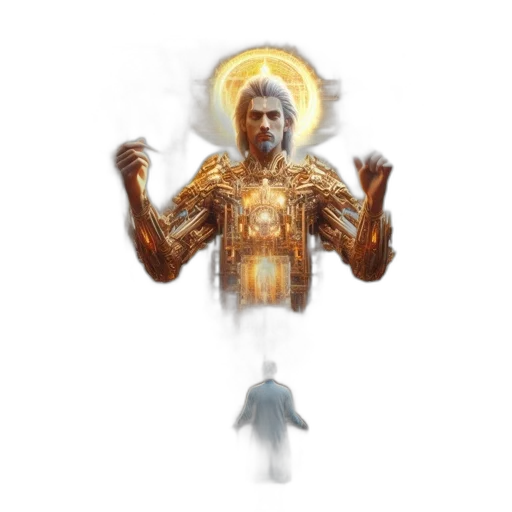robot, sword, jacket, concept art, pixel art, fantasy art, 3d render, golden transparent PNG cut-out