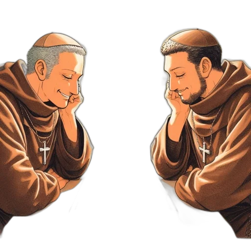 comic book art, concept art, cartoon, photorealistic, two, monks, dressed, brown transparent PNG cut-out