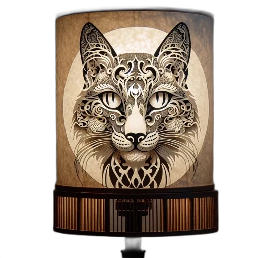 photorealistic, 3d render, fantasy art, table, lamp, feline, face, design transparent PNG cut-out