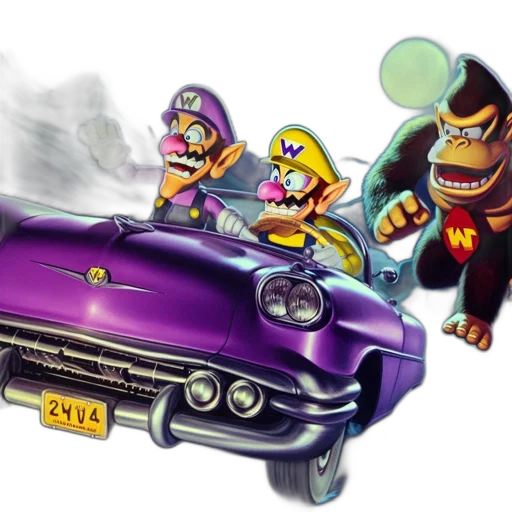 car, concept art, comic book art, 3d render, nighttime, scene, featuring, waluigi transparent PNG cut-out