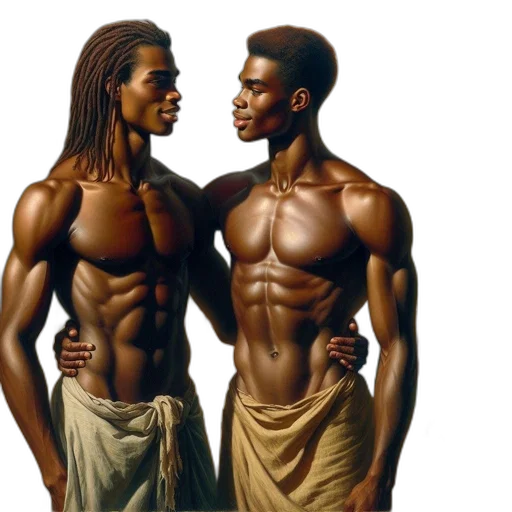 concept art, photorealistic, fantasy art, oil painting, two, shirtless, men, dreadlocks transparent PNG cut-out