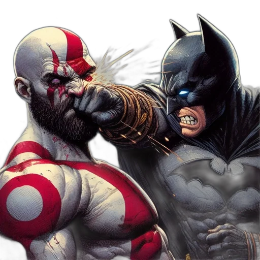 comic book art, concept art, two, figures, engage, intense, combat, one transparent PNG cut-out