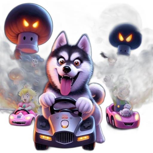 car, concept art, fantasy art, pixel art, 3d render, fire, dog, drives transparent PNG cut-out