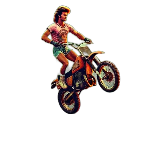 weapon, pixel art, concept art, comic book art, vaporwave, man, rides, motorcycle transparent PNG cut-out
