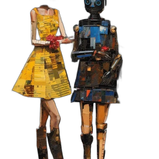 robot, dress, concept art, cyberpunk, 3d render, fantasy art, outer space, golden transparent PNG cut-out