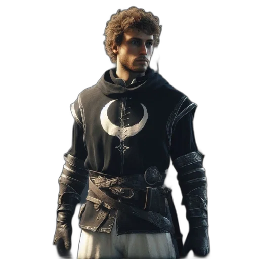 jacket, staff, sword, concept art, fantasy art, 3d render, photorealistic, monochrome transparent PNG cut-out