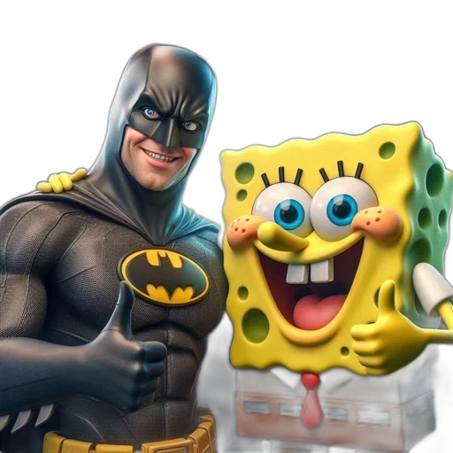comic book art, concept art, 3d render, underwater, imaginative, scene, batman, spongebob transparent PNG cut-out