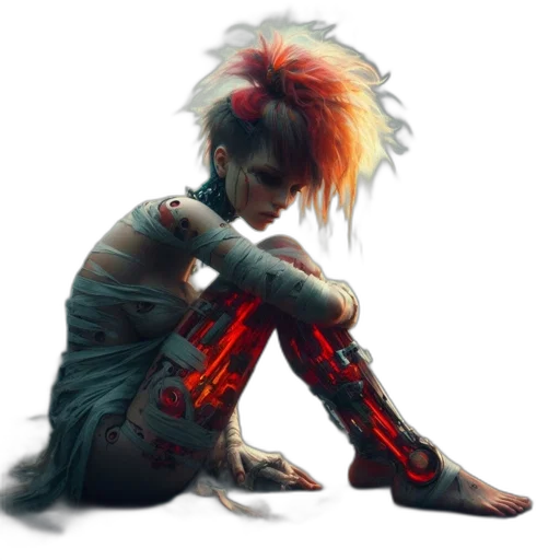 robot, cyberpunk, concept art, fantasy art, pixel art, fire, neon lights, red transparent PNG cut-out
