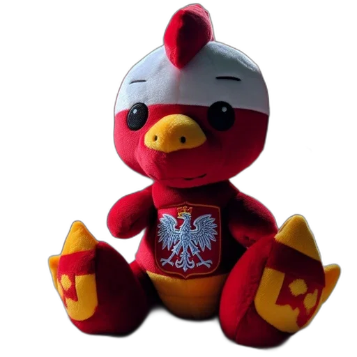 red, plush, creature, wings, yellow, beak, sits, bed transparent PNG cut-out